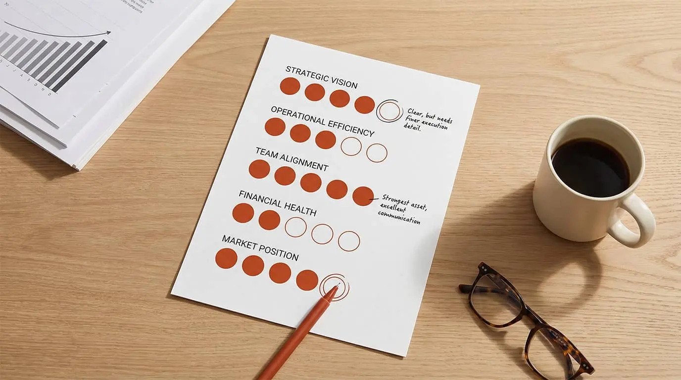 Self-assessment scorecard on a clean desk with five dimensions showing mixed readiness scores