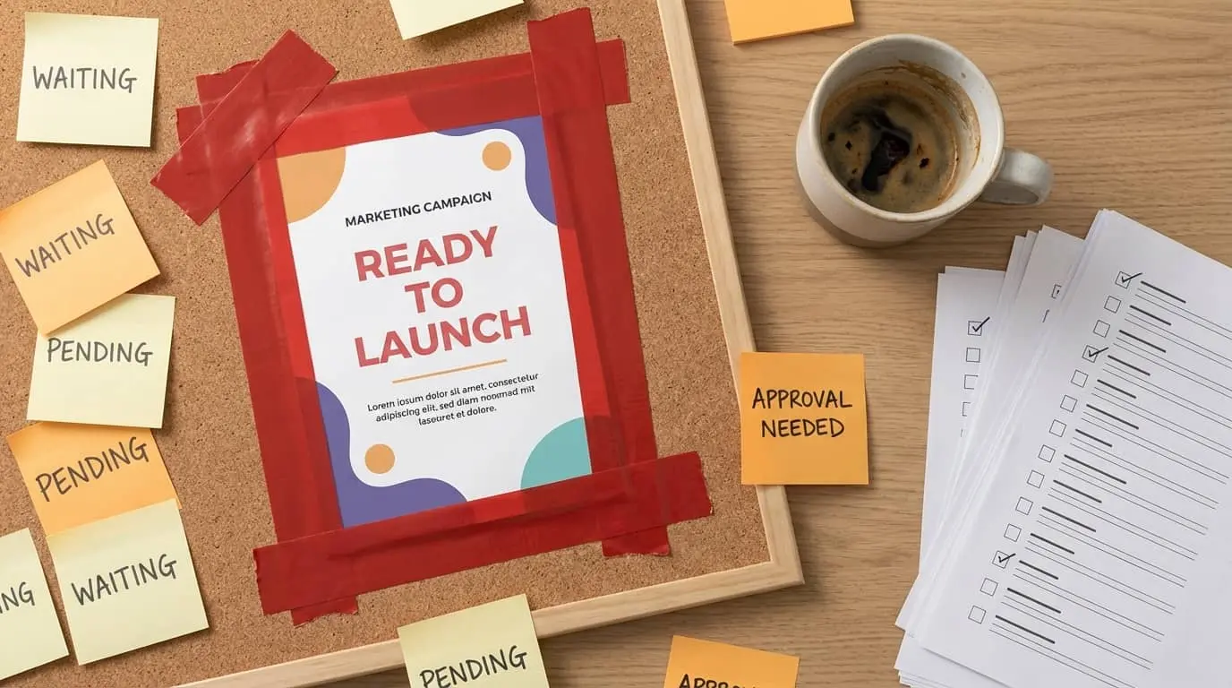 Marketing campaign ready to launch but trapped by red tape and pending approval sticky notes