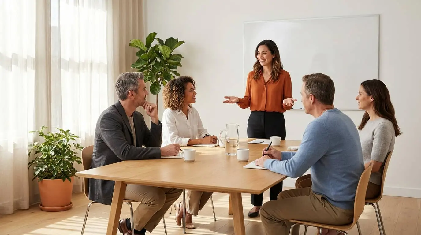 Team leader having an open, reassuring conversation with engaged employees around a conference table